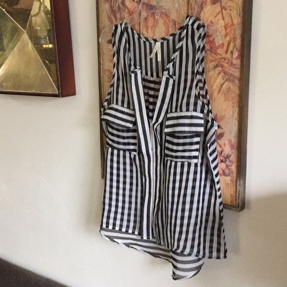 LF Y2K SHEER TOP BLACK WHITE STRIPED CAREER BLOUSE TOP M - Picture 5 of 12